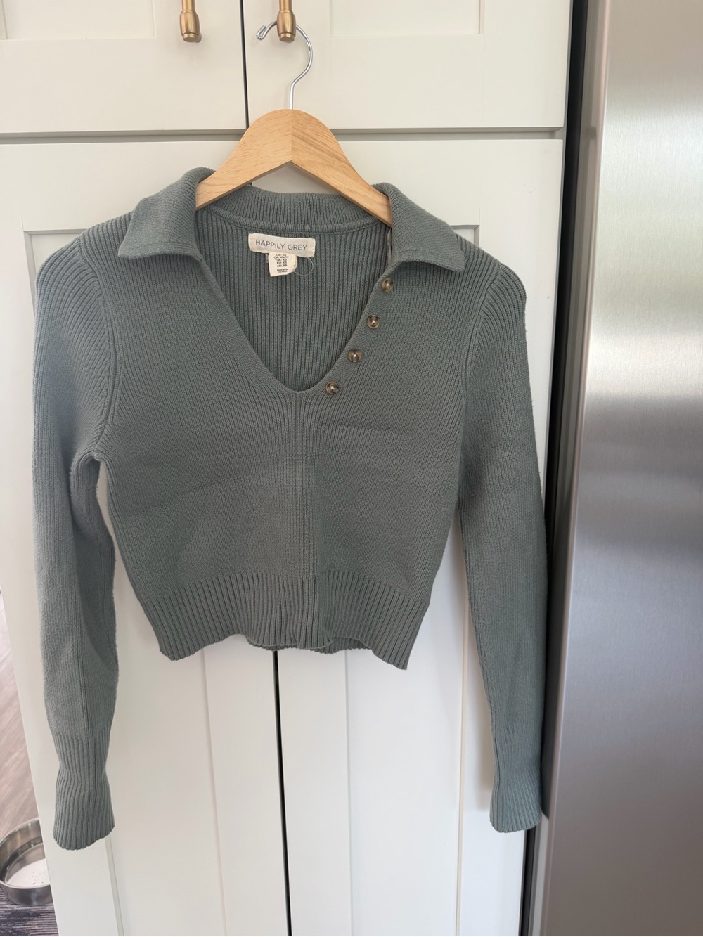 Happily Grey Grey Sage Collared V-Neck Button-Trim Sweater